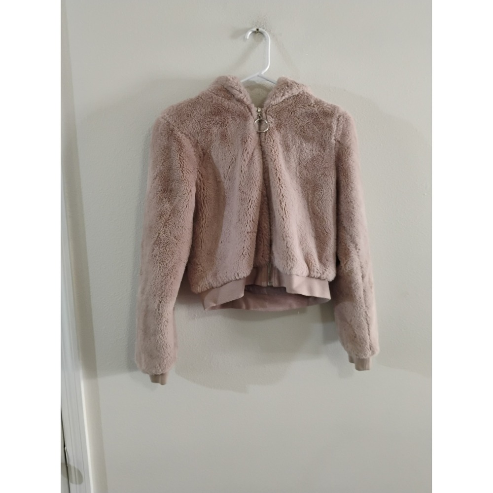 Forever 21 Faux Fur Cropped Hoodie Jacket Blush Pink Medium Ring Zip Teddy